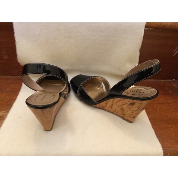 Prada black patent leather slingback wood veneer wedge Peep Toe Sandal - Picture 4 of 7
